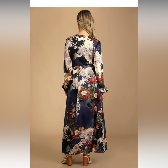 Lulus Put on a Smile Blue Floral Print Satin Wrap Maxi Dress - Picture 6 of 6